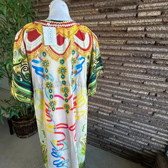 Tamsy Colorful Graphic Print Caftan Beach Cover up Drawstring Front  One Size - Picture 6 of 9